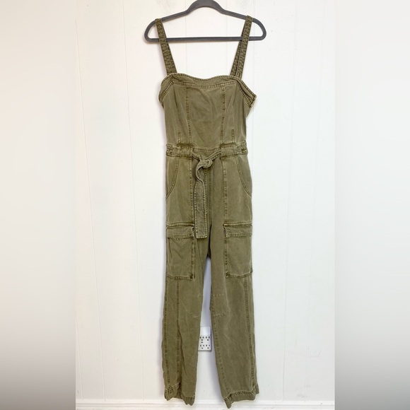 Free People Size Medium Go West Utility Jumpsuit Overalls Army Sage Green Grunge - Picture 2 of 16